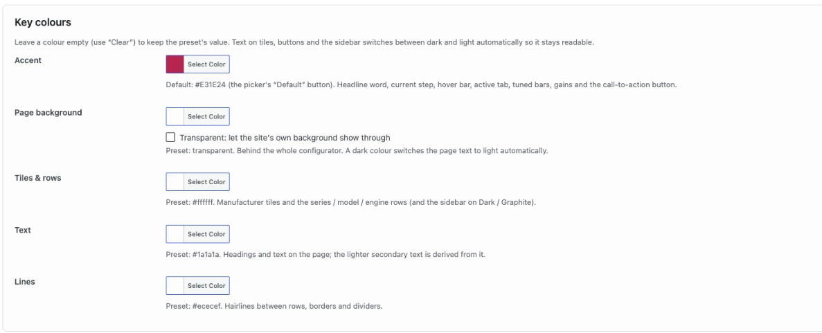 WordPress controls for accent, page background, tiles, text and lines