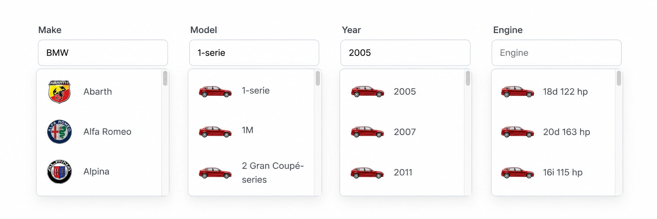 Tune-Specs Make, Model, Year and Engine dropdown selector illustration
