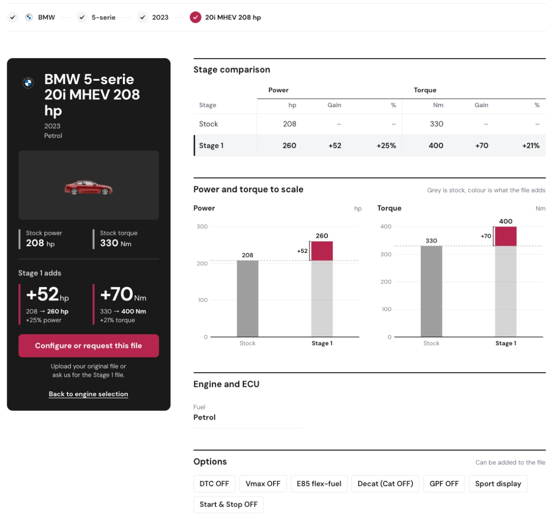 Tune-Specs performance sheet screenshot