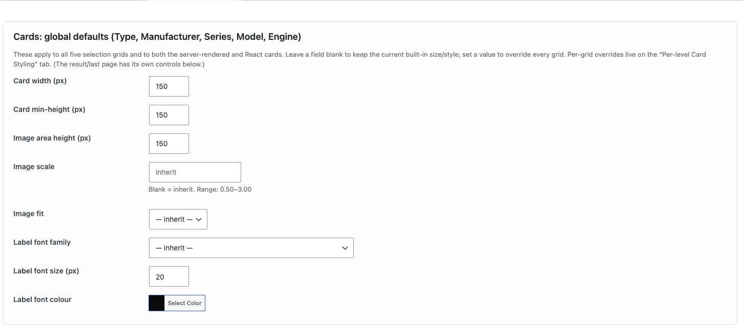 Tune-Specs WordPress card size, image scale and font controls